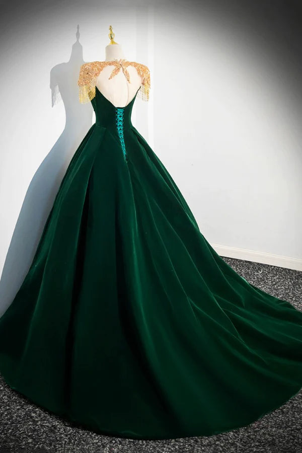 Wholesale Green Velvet Beaded Long Prom Dress A-line Beautiful Evening Party Dress